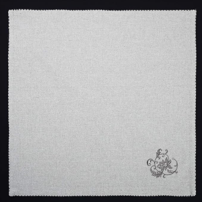 Luxury Embroidered Cloth Napkins – Grey Lily, Set of 6, 18x18 | Grey Dinner Napkins with Floral Embroidery | Elegant Cotton Blend Table Napkins for Holiday Hosting, Weddings
