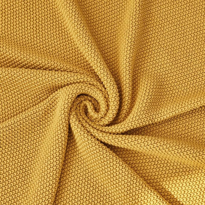 Longhui bedding Mustard Yellow Cotton Cable Knit Throw Blanket for Couch Sofa Bed, Home Decorative Lightweight Knitted Blankets with Bonus Laundering Bag, 50“ x 60”, Machine Washable