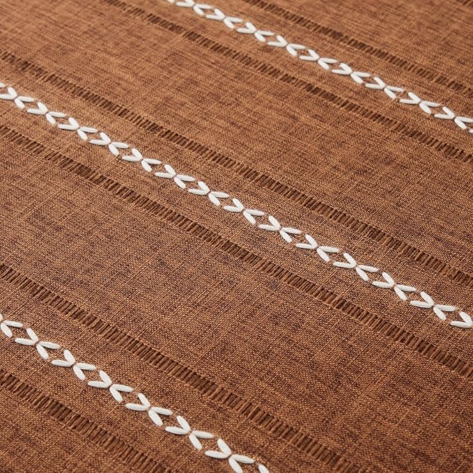 ZeeMart Hemstitched Embroidery Striped Boho Tablecloth 60x60 Inch Caramel, Heavy Weight Farmhouse Burlap Linen Orange Brown Tablecloth, Wrinkle Resistant Washable Table Cloth for Square Table