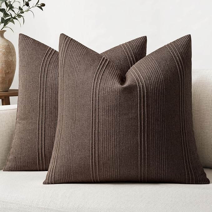 MIULEE Striped Throw Pillow Covers 22x22 Decorative Textured Pillow Covers Pack of 2 Linen Cushion Cases for Couch Bed Sofa Livingroom Farmhouse Home Decor, Reddish Brown