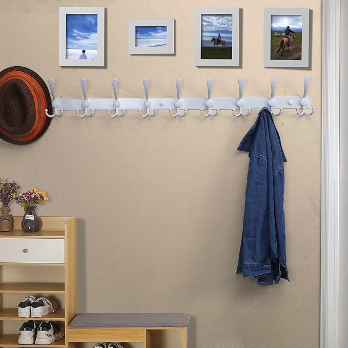Dseap Coat Rack Wall Mount - 38” Long 10-Tri-Hooks Heavy Duty Coat Hanger Rail Wall Hooks for Hanging Coats Hats Clothing Clothes Purse Mudroom Entryway, White