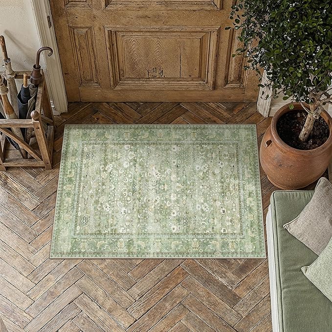 HUGEAR 2x3 Small Rug Machine Washable Area Rug Light Green Entryway Rugs Entrance Door Mat Indoor Accent Rugs Floral Low Pile Carpet Distressed Throw Rug Kitchen Bedroom Office Non Slip
