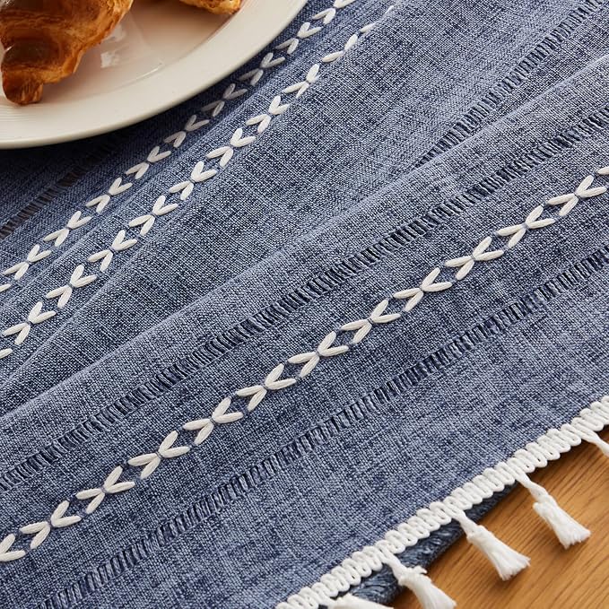 ZeeMart Hemstitched Embroidery Striped Boho Tablecloth 60x60 Inch Navy Blue, Heavy Weight Farmhouse Burlap Linen Navy Tablecloth, Wrinkle Resistant Washable Table Cloth for Square Table