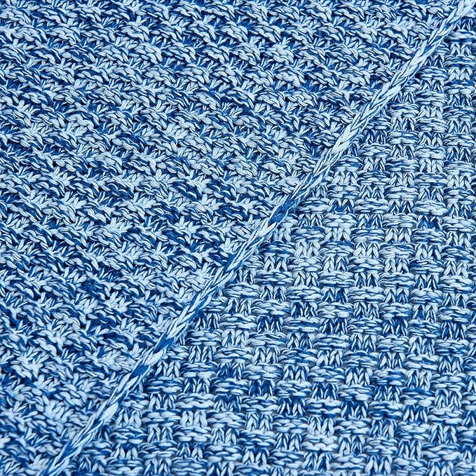 Longhui bedding 100% Cotton Knitted Throw Blanket – Blue White, Soft & Cozy, Machine Washable, 51"x63" – Perfect for Living Room, Couch, Sofa, Bed or Travel