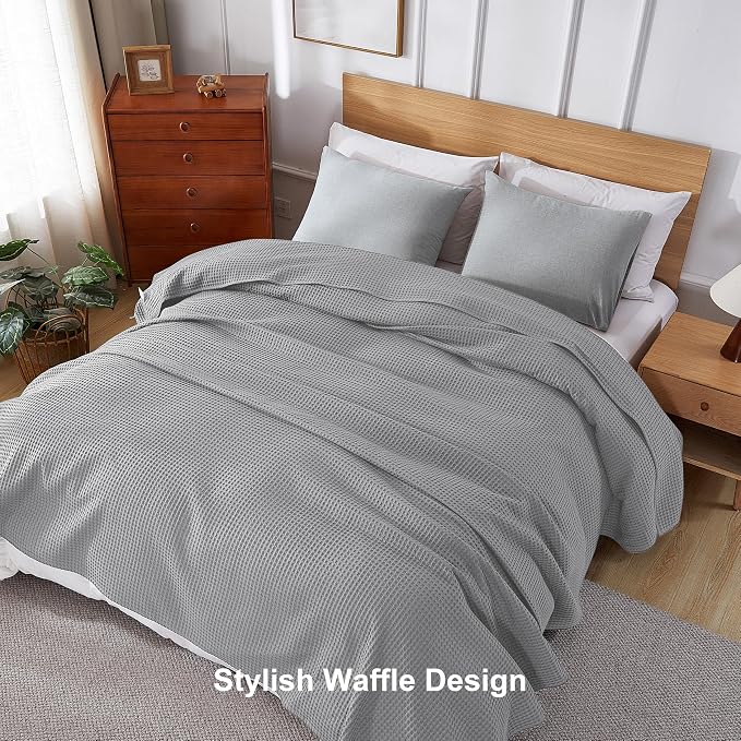 100% Egyptian Cotton Waffle Weave Throw Blanket for Couch, 320 GSM - Breathable and Soft for Spring Summer, Lightweight All Season Throw Blanket for Sofa, Office (50x60 Inches, Light Grey)