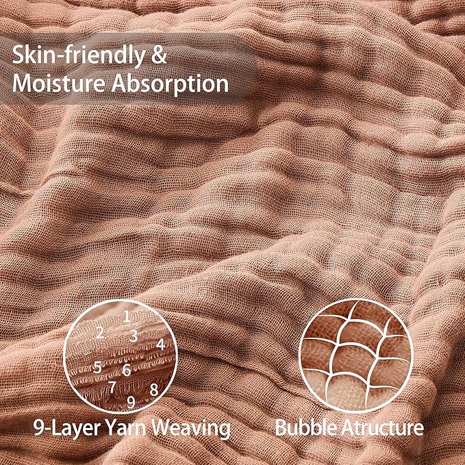 VANJOROY 9-Layer Muslin Throw Blanket Queen 90" x 90" Coffee, 100% Cotton Organic Breathable Lightweight Large Throw for Couch Bed Quilt and Bedspread - All Season Muslin Soft Gauze Blanket