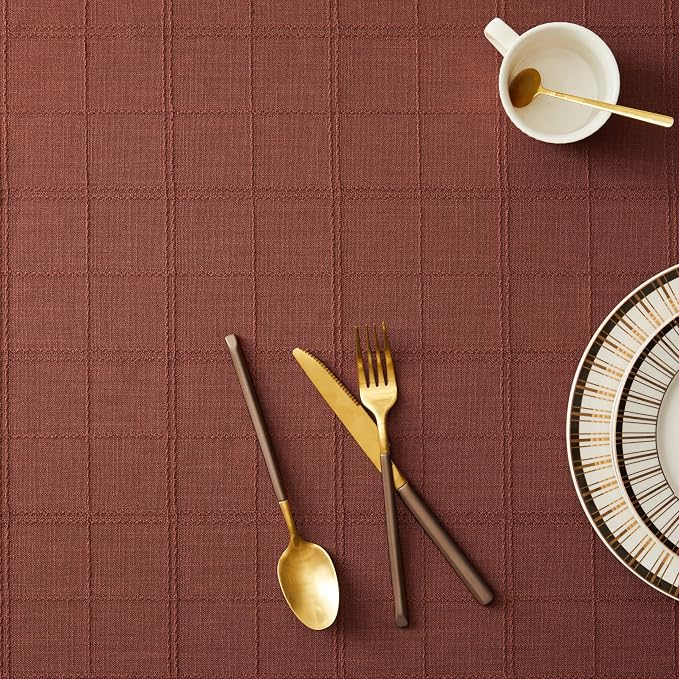 ZeeMart Linen Checked Table Cloth 60x104 Inches (Fit 6ft–7ft, Narrow Fit 8ft Rectangle Table), Farmhouse Style Plaid Embroidered Water Resistant Table Cover, Terracota