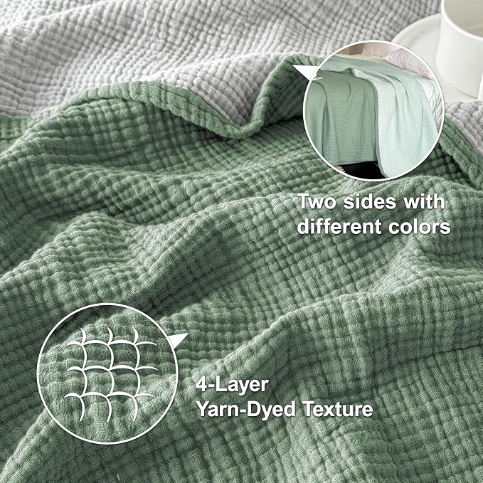 Simple&Opulence 100% Cotton Muslin Blanket Twin Size, Lightweight Breathable 4 Layering Gauze Blanket for Bed Couch Camping, Soft Bedspread Coverlet All-Season Use (Sage Green, 68"x86")