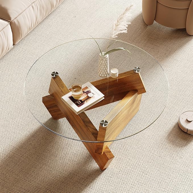 Honyee Modern Round Coffee Table, 30.7" x 30.7" x 16.1" Tempered Glass Top for Living Room, Color: Natural Wood