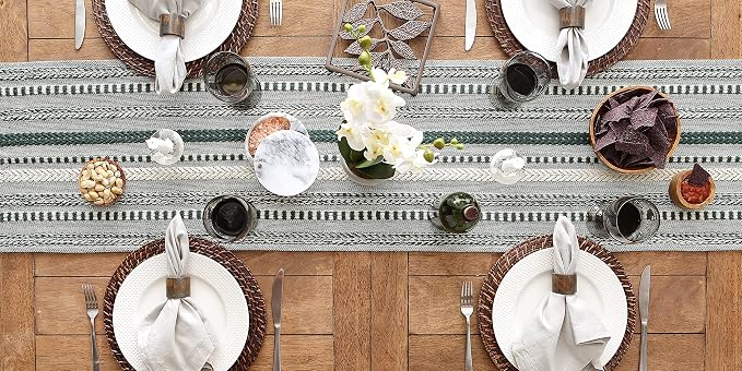 DII Farmhouse Braided Stripe Table Runner Collection, 15x108 (15x113, Fringe Included), Dark Green