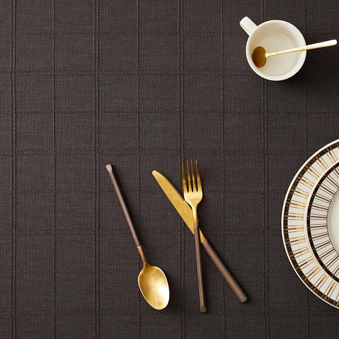ZeeMart Linen Checked Table Cloth 60x60 Inches, Farmhouse Style Plaid Embroidered Water Resistant Square Table Cover, Charcoal