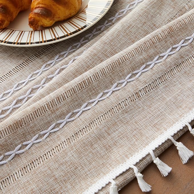 ZeeMart Hemstitched Striped Boho Tablecloth 60x84 Inch (Fit 5ft, Narrow Fit 6ft Rectangle Table) Heavy Weight Farmhouse Burlap Linen Neutral Wrinkle Resistant Tablecloth, Natural