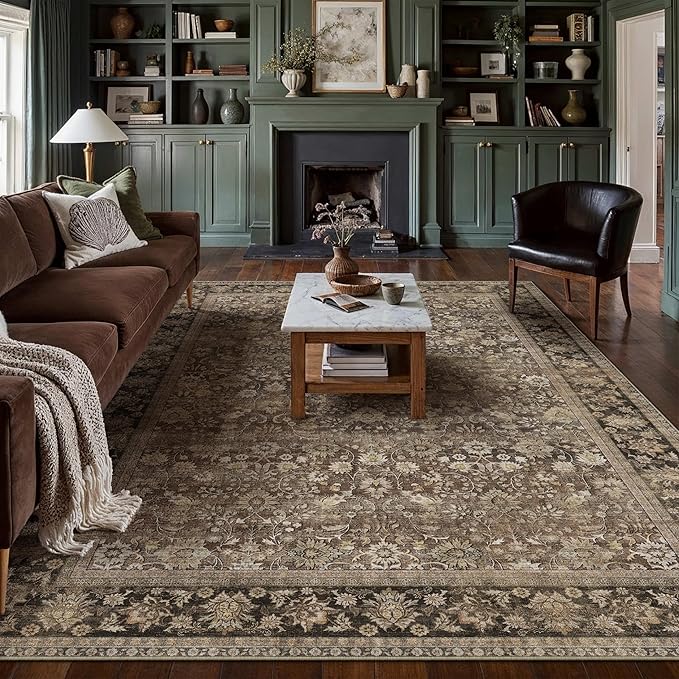 HUGEAR 9x12 Machine Washable Rugs Brown Hallway Large Area Rug Indoor Accent Rug Floral Low Pile Carpet Soft Throw Aesthetic Rug Bedroom Living Room Office Dining Room Kitchen Laundry Room