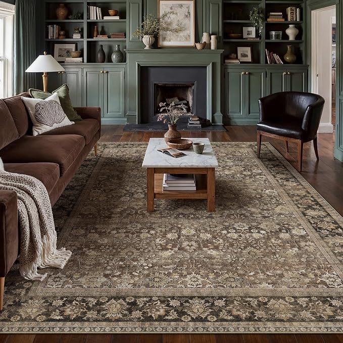 HUGEAR 8x10 Machine Washable Rugs Brown Hallway Large Area Rug Indoor Accent Rug Floral Low Pile Carpet Soft Throw Aesthetic Rug Bedroom Living Room Office Dining Room Kitchen Laundry Room