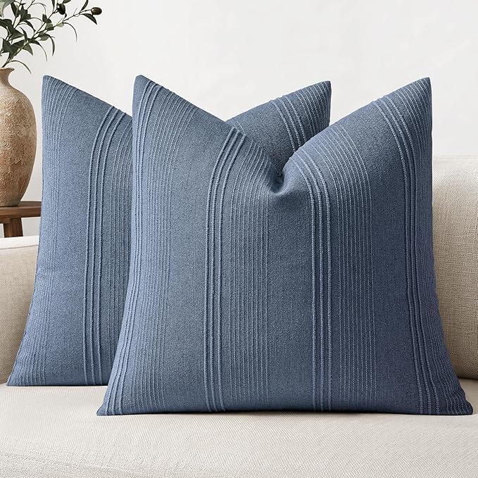 MIULEE Striped Euro Sham Pillow Covers 24x24 Decorative Textured Throw Pillow Covers Pack of 2 Linen Cushion Cases for Couch Bed Sofa Livingroom Farmhouse Home Decor, Blue