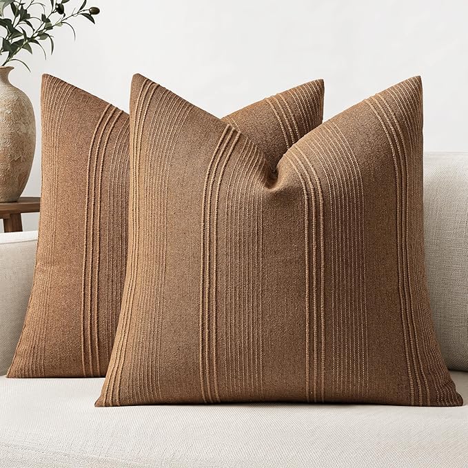 MIULEE Striped Throw Pillow Covers 22x22 Decorative Textured Pillow Covers Pack of 2 Linen Cushion Cases for Couch Bed Sofa Livingroom Farmhouse Home Decor, Sugar Brown