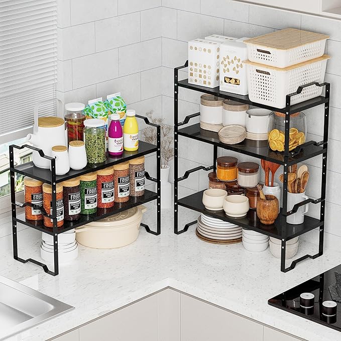 Jojocross Expandable Shelf for Cabinet Organizer Adjustable Stackable Spice Rack at Kitchen and Bathroom More, Counter Countertop Cupboard Organization Pantry Storage(LARGE/2PACKS/BLACK)