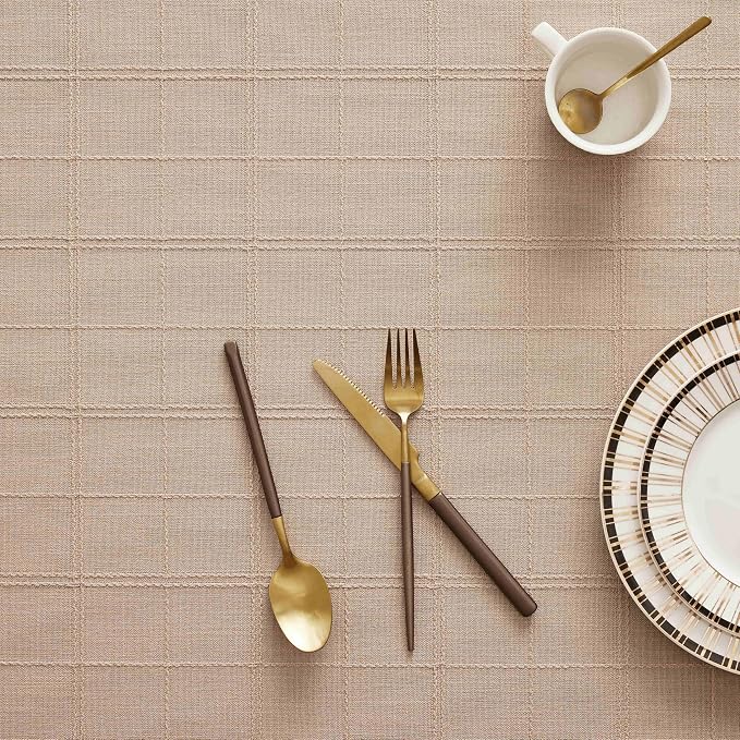 ZeeMart Linen Checked Table Cloth 60x104 Inches (Fit 6ft–7ft, Narrow Fit 8ft Rectangle Table), Farmhouse Style Plaid Embroidered Water Resistant Table Cover, Taupe