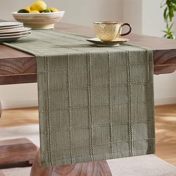 ZeeMart Linen Checked Farmhouse Table Runner, 13x60 Inches Olive | Raised Grid Design, Rich Woven Texture, Linen Blend Table Runners 60 Inches Long, Machine Washable, Boho Home Kitchen Decor
