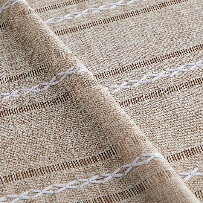 ZeeMart Hemstitched Striped Boho Tablecloth 60x104 Inch (Fit 6ft–7ft, Narrow Fit 8ft Rectangle Table) Heavy Weight Farmhouse Burlap Linen Neutral Wrinkle Resistant Tablecloth, Natural