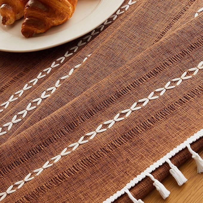 ZeeMart Hemstitched Embroidery Striped Boho Tablecloth 60x60 Inch Caramel, Heavy Weight Farmhouse Burlap Linen Orange Brown Tablecloth, Wrinkle Resistant Washable Table Cloth for Square Table