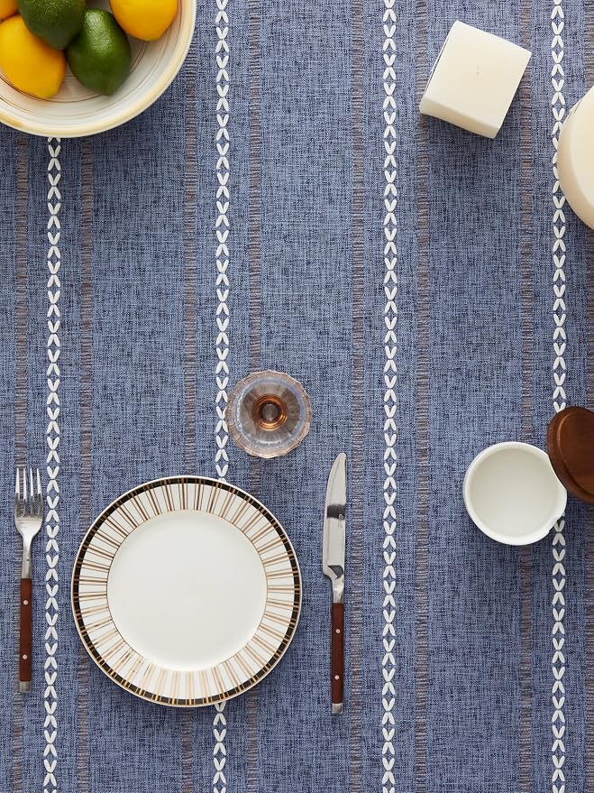 ZeeMart Hemstitched Embroidery Striped Boho Tablecloth 54x54 Inch Navy Blue, Heavy Weight Farmhouse Burlap Linen Navy Tablecloth, Wrinkle Resistant Washable Table Cloth for Square Table