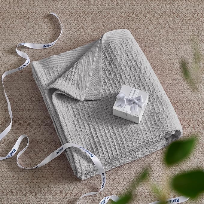 Bedsure 100% Cotton Blanket Full Size for Bed - Breathable and Soft for Summer, Thick Cozy Waffle Weave Blanket Gifts for Women, Grey, 80x90 Inches