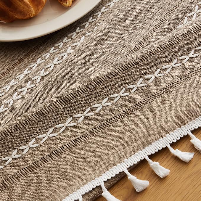 ZeeMart Hemstitched Embroidery Striped Boho Tablecloth 54x54 Inch Cocoa Brown, Heavy Weight Farmhouse Burlap Linen Brown Tablecloth, Wrinkle Resistant Washable Table Cloth for Square Table