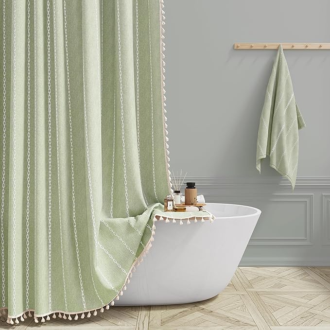 BTTN Boho Farmhouse Shower Curtain - Linen Rustic Heavy Duty Striped Fabric Shower Curtain Set, Bohemian Vintage Country Cloth Shower Curtains for Bathroom, Sage Green, 72" W x 78" L (Pack of 1)