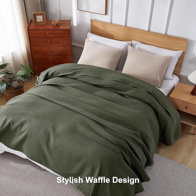 100% Egyptian Cotton Waffle Weave Blanket Twin Size for Bed, 320 GSM - Breathable and Soft for Spring Summer, Lightweight All Season Bed Blanket for Couch, Sofa (66x90 Inches, Olive Green)