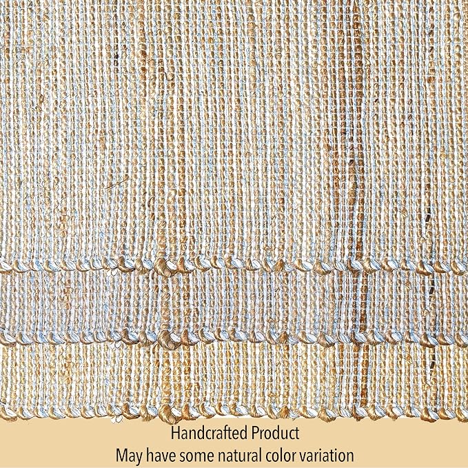 Chardin home Natural Jute Table Runner 13x72 Inch – Vintage Boho Rustic Table Decor – Handwoven Table Runner in Natural Jute and Sky Blue-White – Farmhouse Dining or Console Table Accent