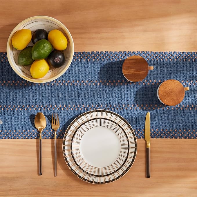 ZeeMart Macrame Style Boho Table Runner, Blue Table Runners 36 Inches Long, Farmhouse Woven Home Decor, 12x36 Inch, Dusty Blue