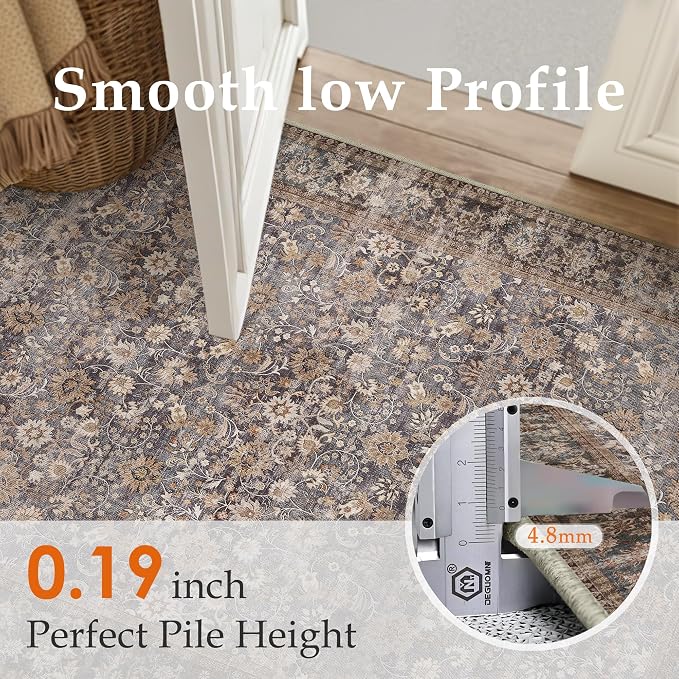 Hugear 5x7 Machine Washable Rugs Tradition Brown Hallway Area Rug Indoor Accent Rug Floral Low Pile Carpet Soft Throw Aesthetic Rug Bedroom Living Room Office Dining Room Kitchen Laundry Room Non Slip