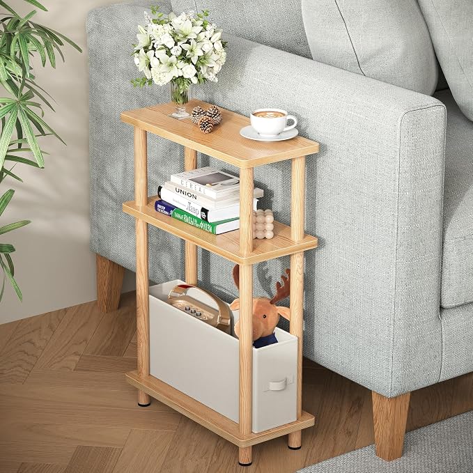 Apicizon Small Narrow Side Table, 3-Tier Skinny End Table for Small Spaces, Slim Nightstand with Fabric Basket, Bedside Table for Living Room, Bedroom, Natural