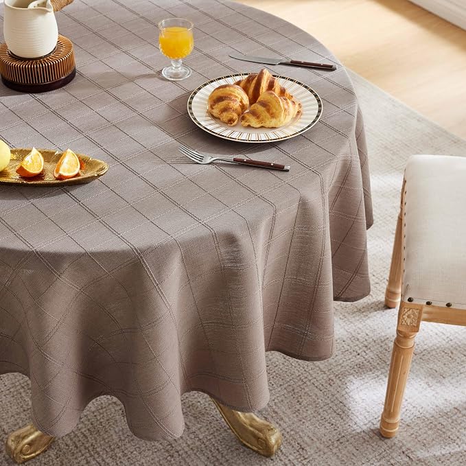 ZeeMart Linen Checked Table Cloth 60 Inches Round, Farmhouse Style Plaid Embroidered Water Resistant Table Cover, Cocoa Brown