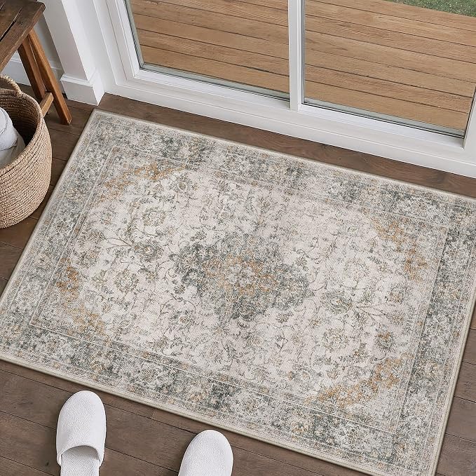 HUGEAR 2x3 Entryway Area Rug Retro Taupe Green Small Rug Machine Washable Door Mat Vintage Floral Low Pile Carpet Distressed Throw Rug Entrance Kitchen Bathroom Office Non Slip Soft Lightweight