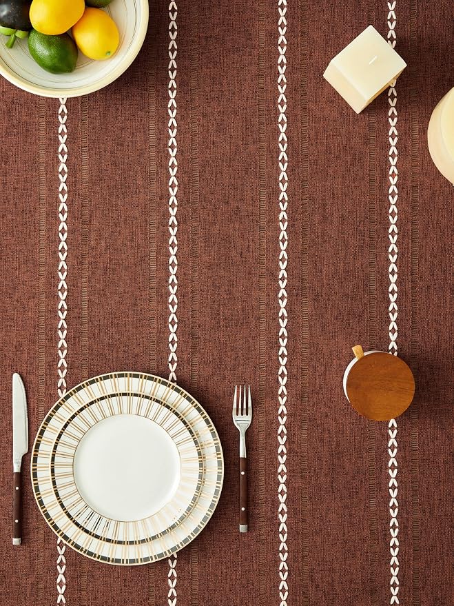 ZeeMart Hemstitched Embroidery Striped Boho Tablecloth 60x60 Inch Terracota, Heavy Weight Farmhouse Burlap Linen Terracota Tablecloth, Wrinkle Resistant Washable Table Cloth for Square Table