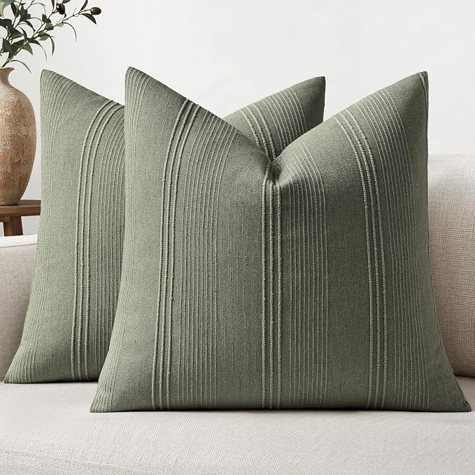 MIULEE Striped Throw Pillow Covers 18x18 Decorative Textured Pillow Covers Pack of 2 Linen Cushion Cases for Couch Bed Sofa Livingroom Farmhouse Home Decor, Olive