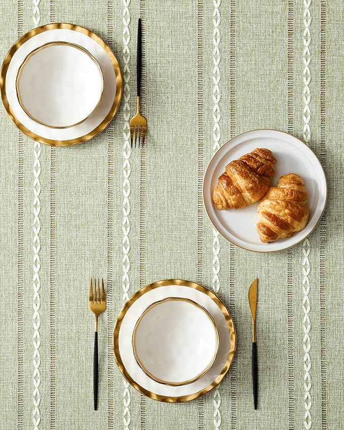 ZeeMart Hemstitched Embroidery Striped Boho Tablecloth 60x60 Inch Sage Green, Heavy Weight Farmhouse Burlap Linen Sage Green Tablecloth, Wrinkle Resistant Washable Table Cloth for Square Table