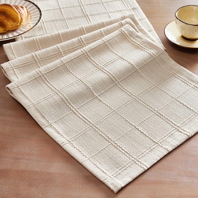 ZeeMart Linen Checked Farmhouse Table Runner, 13x90 Inches Neutral Beige | Raised Grid Design, Rich Woven Texture, Linen Blend Table Runners 90 Inches Long, Machine Washable, Boho Home Kitchen Decor