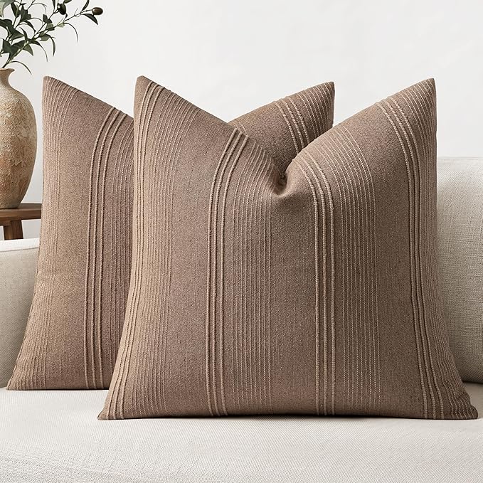 MIULEE Striped Euro Sham Pillow Covers 24x24 Decorative Textured Throw Pillow Covers Pack of 2 Linen Cushion Cases for Couch Bed Sofa Livingroom Farmhouse Home Decor, Coco Brown
