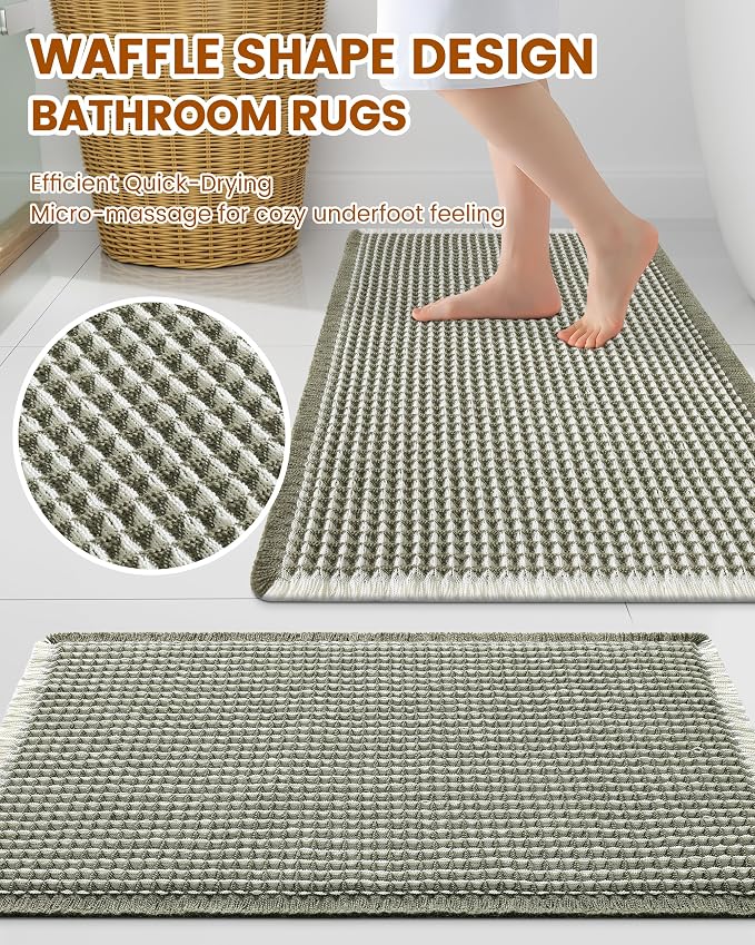 Smiry Waffle Bath Mat 47x24, Extra Soft Absorbent Bathroom Rugs, Non Slip Machine Washable Quick Dry Bath Rugs for Bathroom Floor, Tub, Shower, Home Decor Accessories, Green & Cream