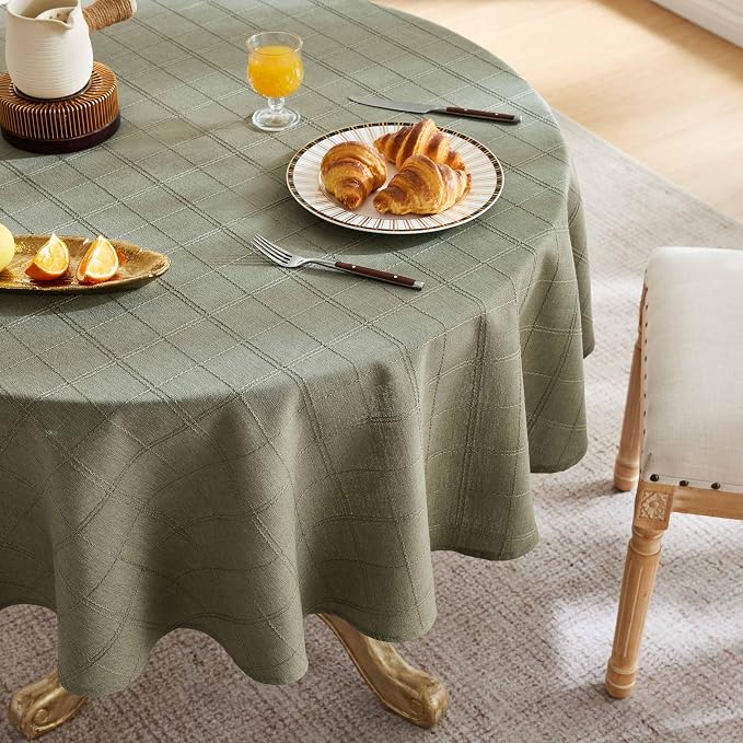 ZeeMart Linen Checked Table Cloth 52 Inches Round, Farmhouse Style Plaid Embroidered Water Resistant Table Cover, Olive
