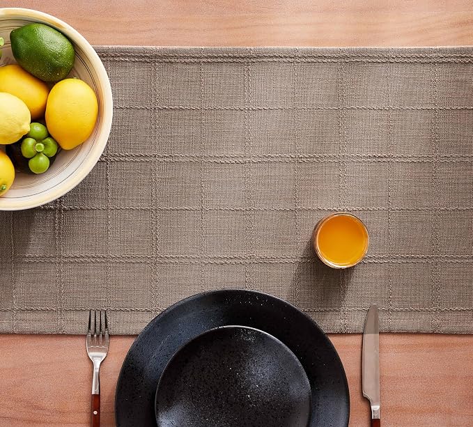 ZeeMart Linen Checked Farmhouse Table Runner, 13x108 Inches Cocoa Brown | Raised Grid Design, Rich Woven Texture, Linen Blend Table Runners 108 Inches Long, Machine Washable, Boho Home Kitchen Decor