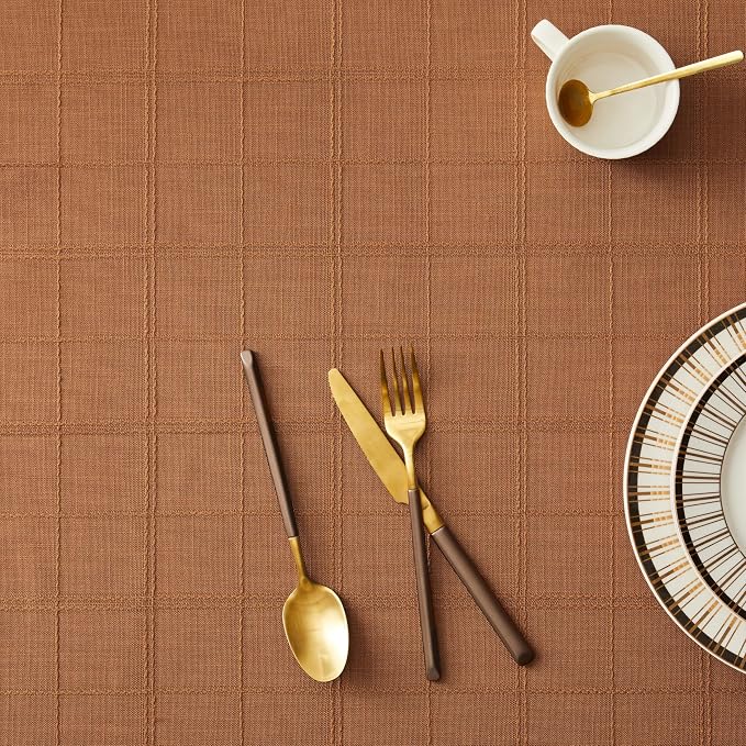 ZeeMart Linen Checked Table Cloth 60x120 Inches (Fit 7ft–8ft, Narrow Fit 9ft Rectangle Table), Farmhouse Style Plaid Embroidered Water Resistant Table Cover, Caramel