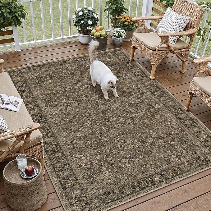 HUGEAR 3x5 Indoor/Outdoor Rug Brown Linen-Look Fabric Vintage Area Rug High Traffic Stain Resistant Easy Clean Durable Rugs for Living Kitchen Patio Deck Balcony Porch Garden Courtyard