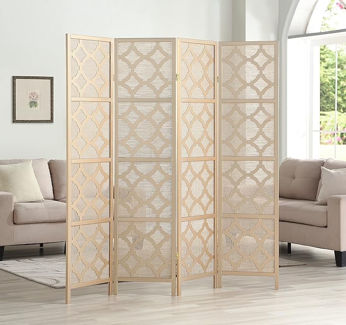 Roundhill Furniture Quarterfoil Infused Diamond Design 4-Panel Room Divider, Gold
