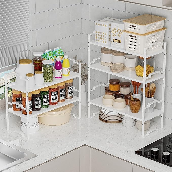 Jojocross Expandable Shelf for Cabinet Organizer Adjustable Stackable Spice Rack at Kitchen and Bathroom More, Counter Countertop Cupboard Organization Pantry Storage(LARGE/1PACK/WHITE)