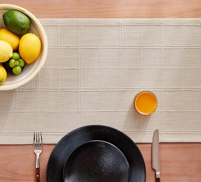 ZeeMart Linen Checked Farmhouse Table Runner, 13x72 Inches Neutral Beige | Raised Grid Design, Rich Woven Texture, Linen Blend Table Runners 72 Inches Long, Machine Washable, Boho Home Kitchen Decor