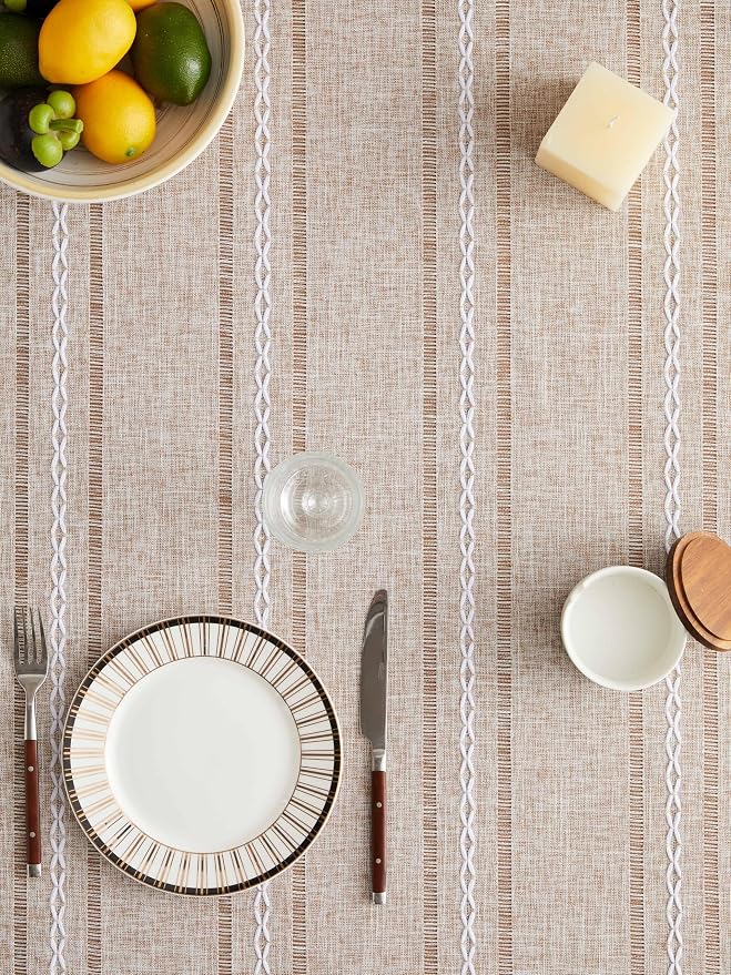 ZeeMart Hemstitched Striped Boho Tablecloth 60x104 Inch (Fit 6ft–7ft, Narrow Fit 8ft Rectangle Table) Heavy Weight Farmhouse Burlap Linen Neutral Wrinkle Resistant Tablecloth, Natural